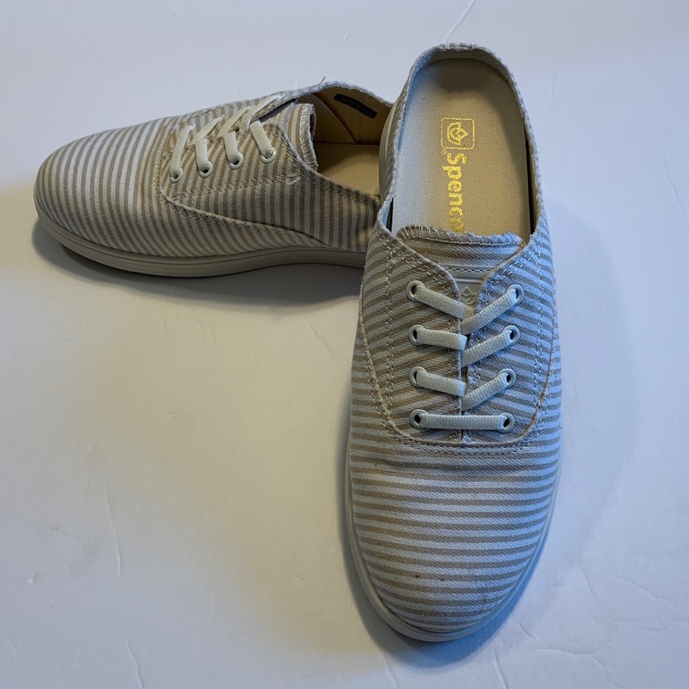 Spenco Size 10 Beige and White Striped Sneakers